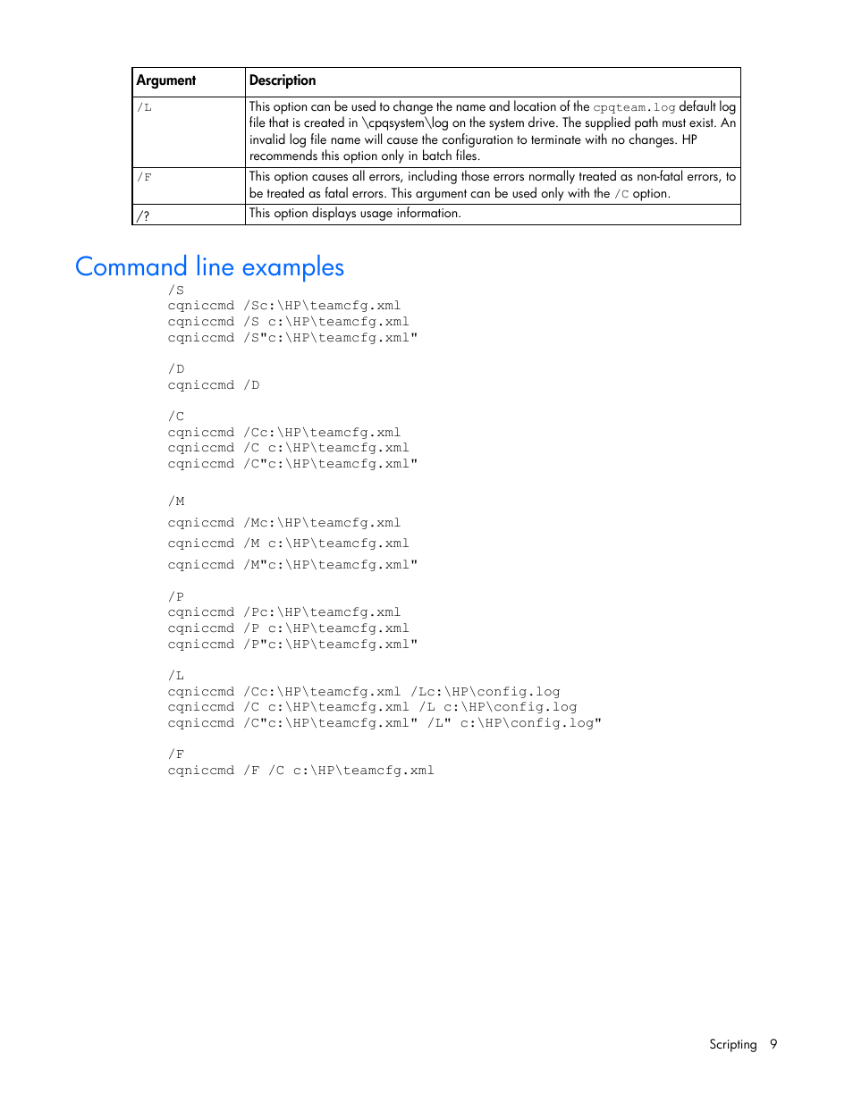 Command line examples | HP ProLiant Network Adapter Scripting Utility (User Guide) User Manual | Page 9 / 20