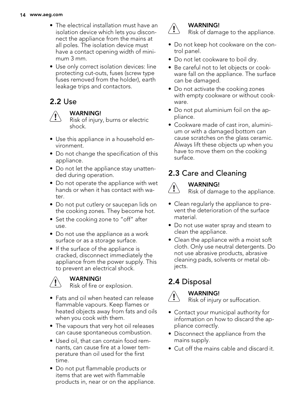 2 use, 3 care and cleaning, 4 disposal | AEG HE604060XB User Manual | Page 14 / 48