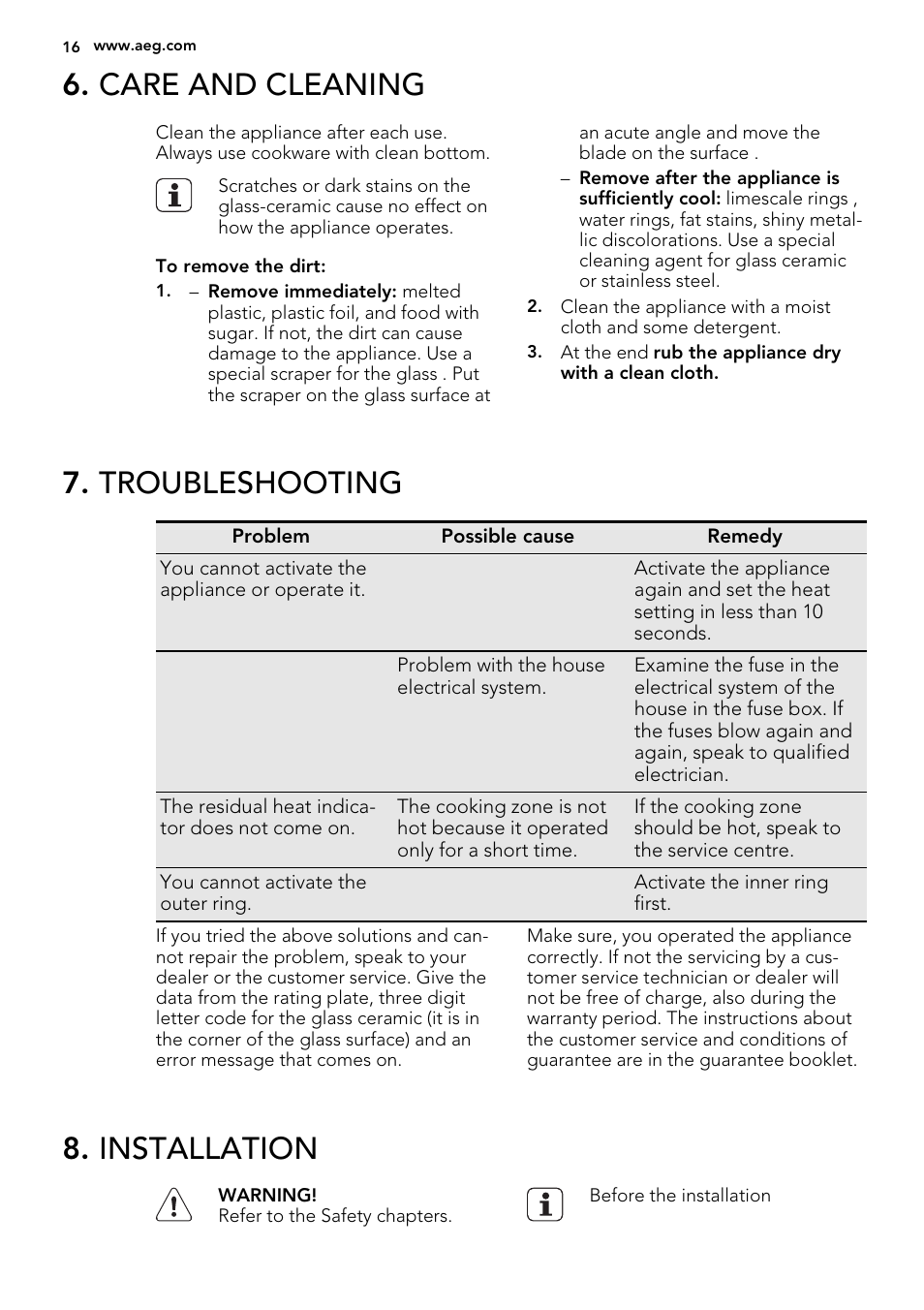 Care and cleaning, Troubleshooting, Installation | AEG HE604060XB User Manual | Page 16 / 48