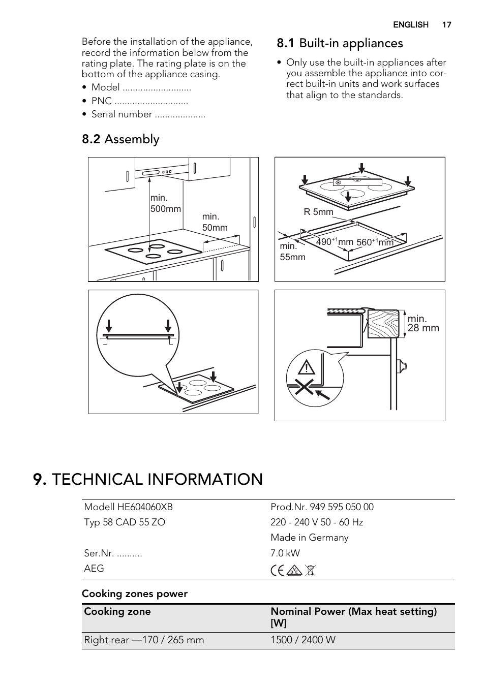 Technical information, 1 built-in appliances, 2 assembly | AEG HE604060XB User Manual | Page 17 / 48