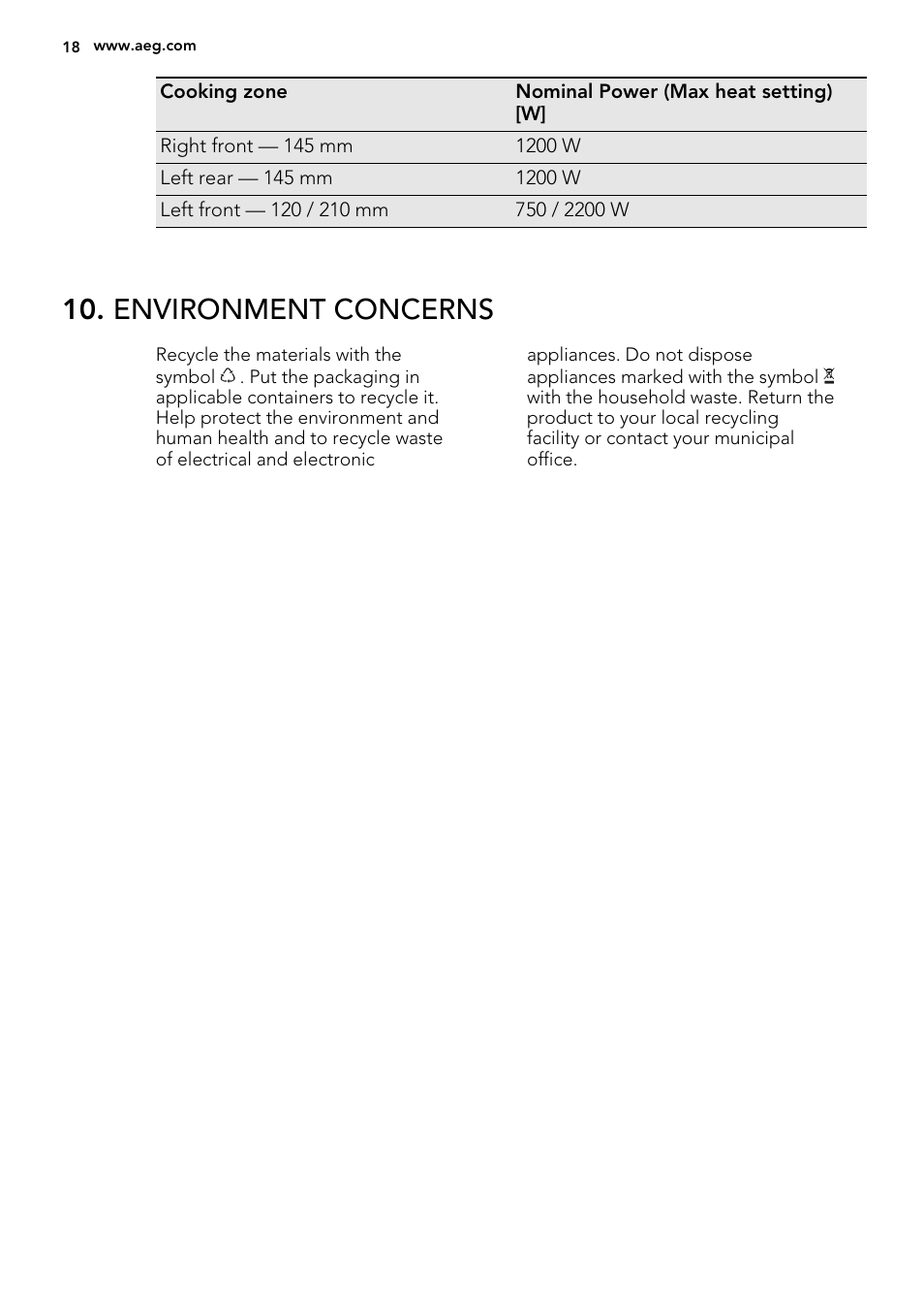 Environment concerns | AEG HE604060XB User Manual | Page 18 / 48