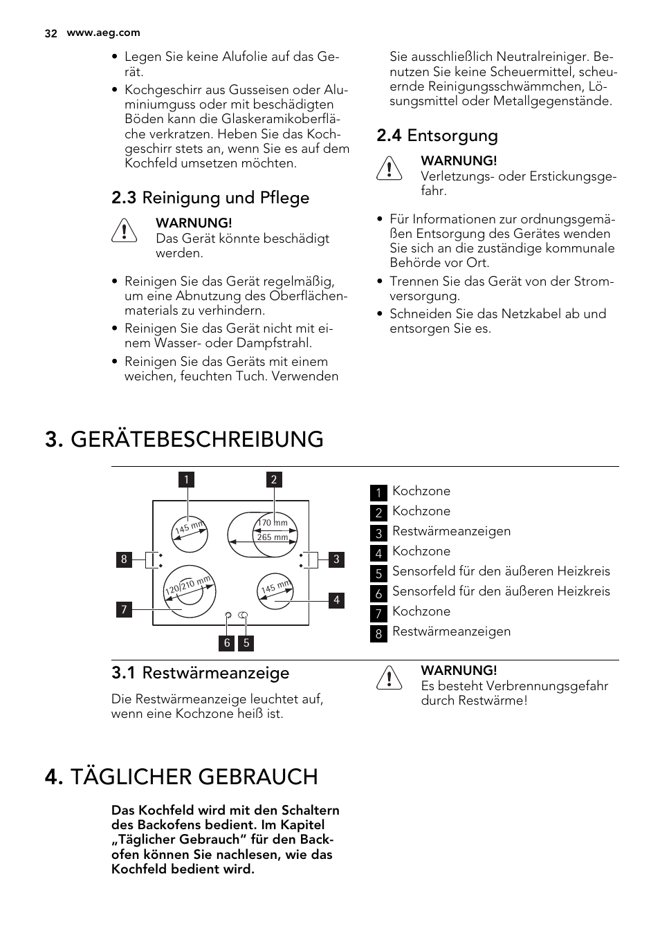 Gerätebeschreibung, Täglicher gebrauch, 3 reinigung und pflege | 4 entsorgung, 1 restwärmeanzeige | AEG HE604060XB User Manual | Page 32 / 48