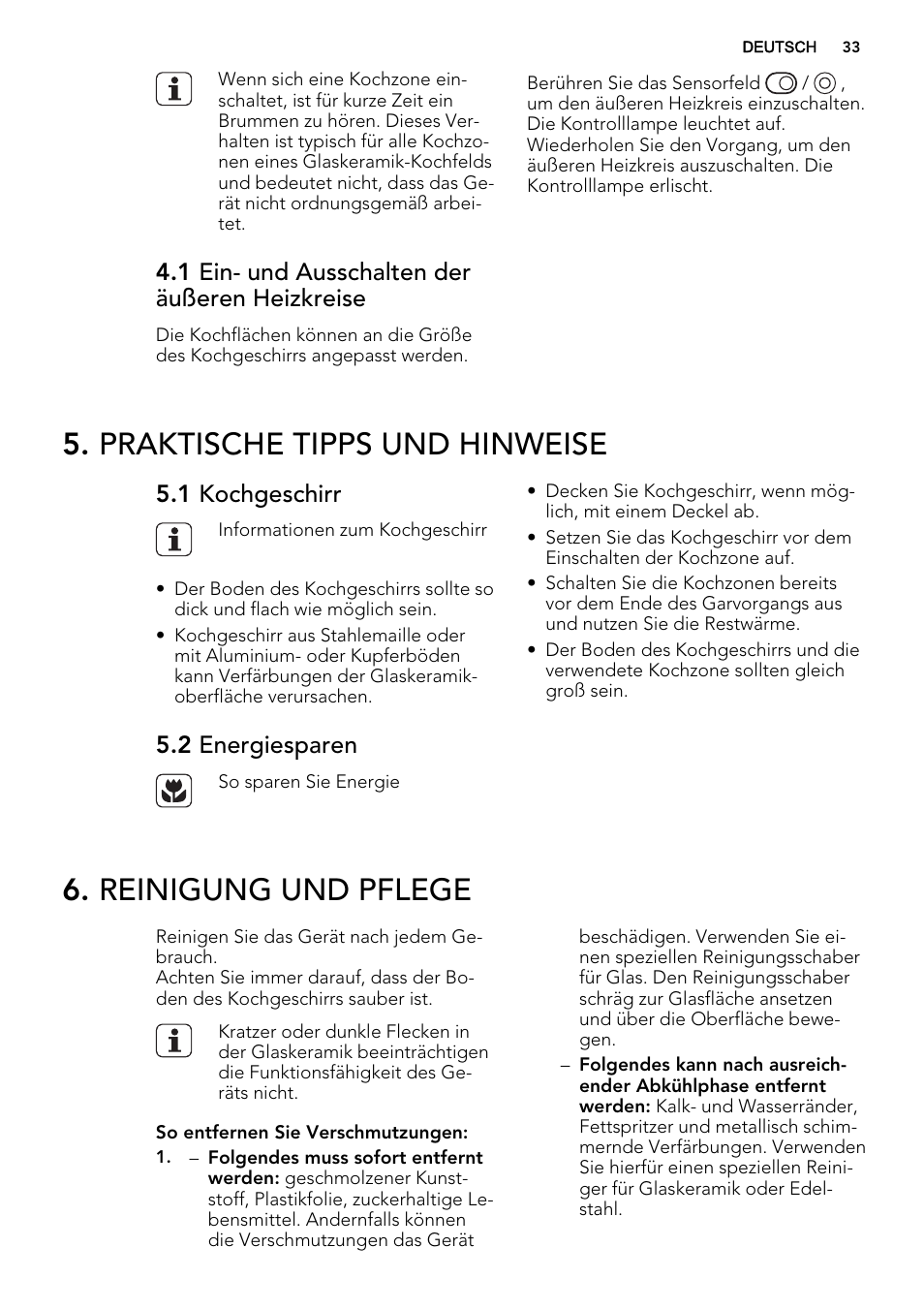 Praktische tipps und hinweise, Reinigung und pflege, 1 ein- und ausschalten der äußeren heizkreise | 1 kochgeschirr, 2 energiesparen | AEG HE604060XB User Manual | Page 33 / 48