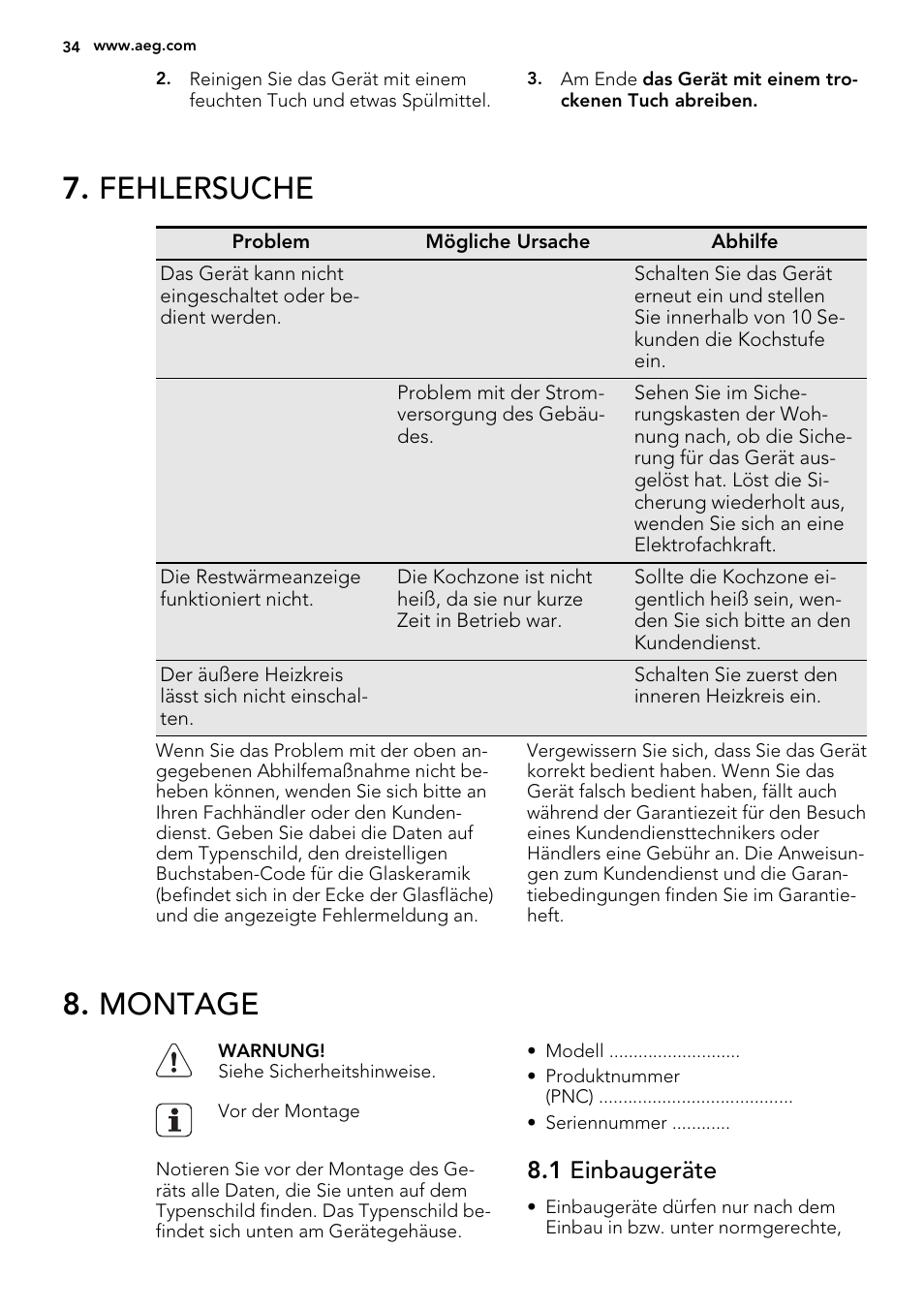 Fehlersuche, Montage, 1 einbaugeräte | AEG HE604060XB User Manual | Page 34 / 48