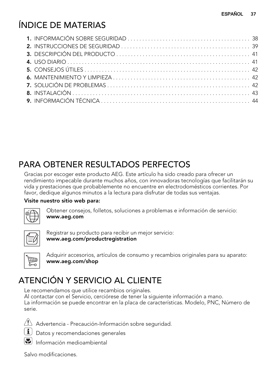 Índice de materias, Para obtener resultados perfectos, Atención y servicio al cliente | AEG HE604060XB User Manual | Page 37 / 48