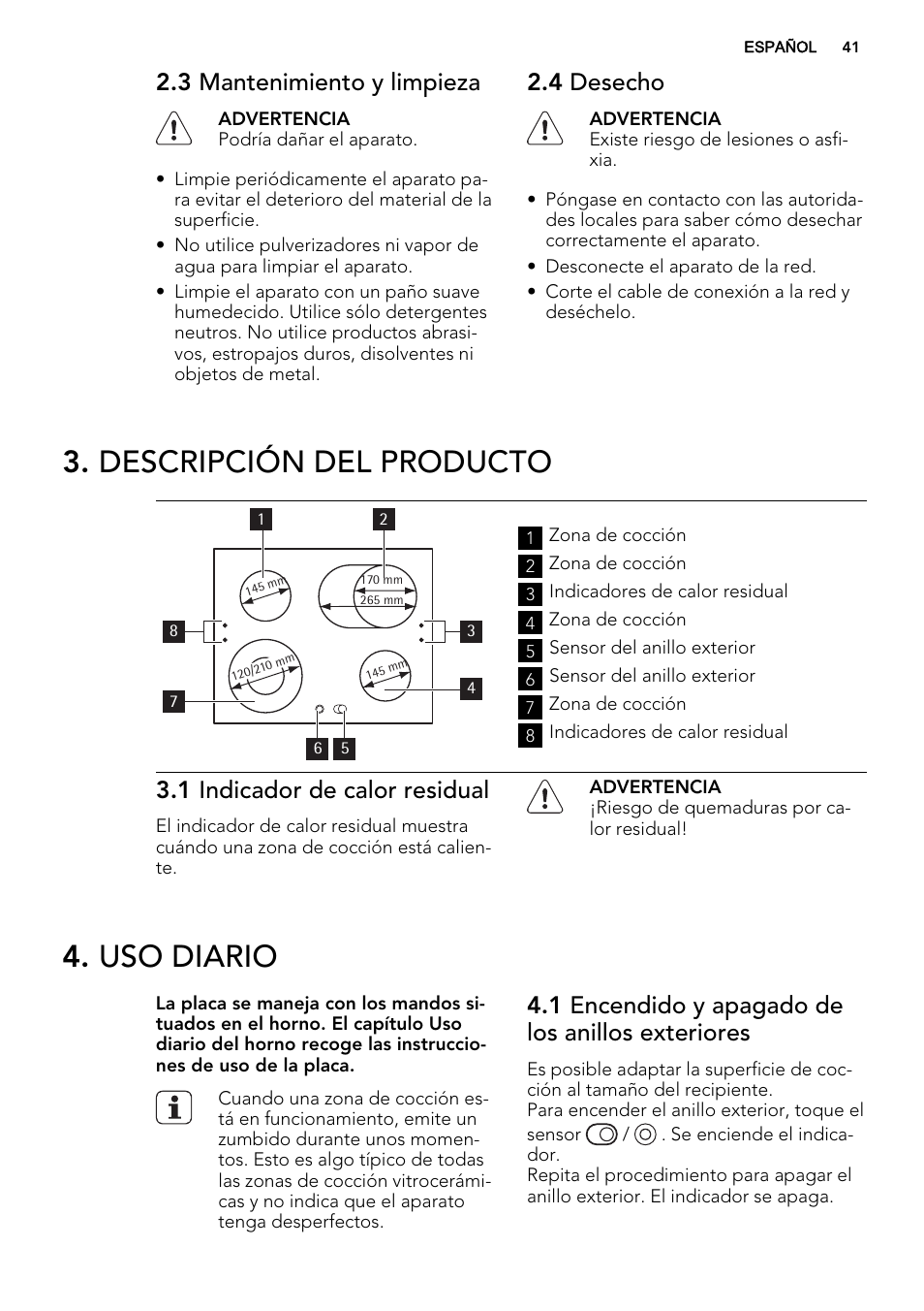 Descripción del producto, Uso diario, 3 mantenimiento y limpieza | 4 desecho, 1 indicador de calor residual, 1 encendido y apagado de los anillos exteriores | AEG HE604060XB User Manual | Page 41 / 48