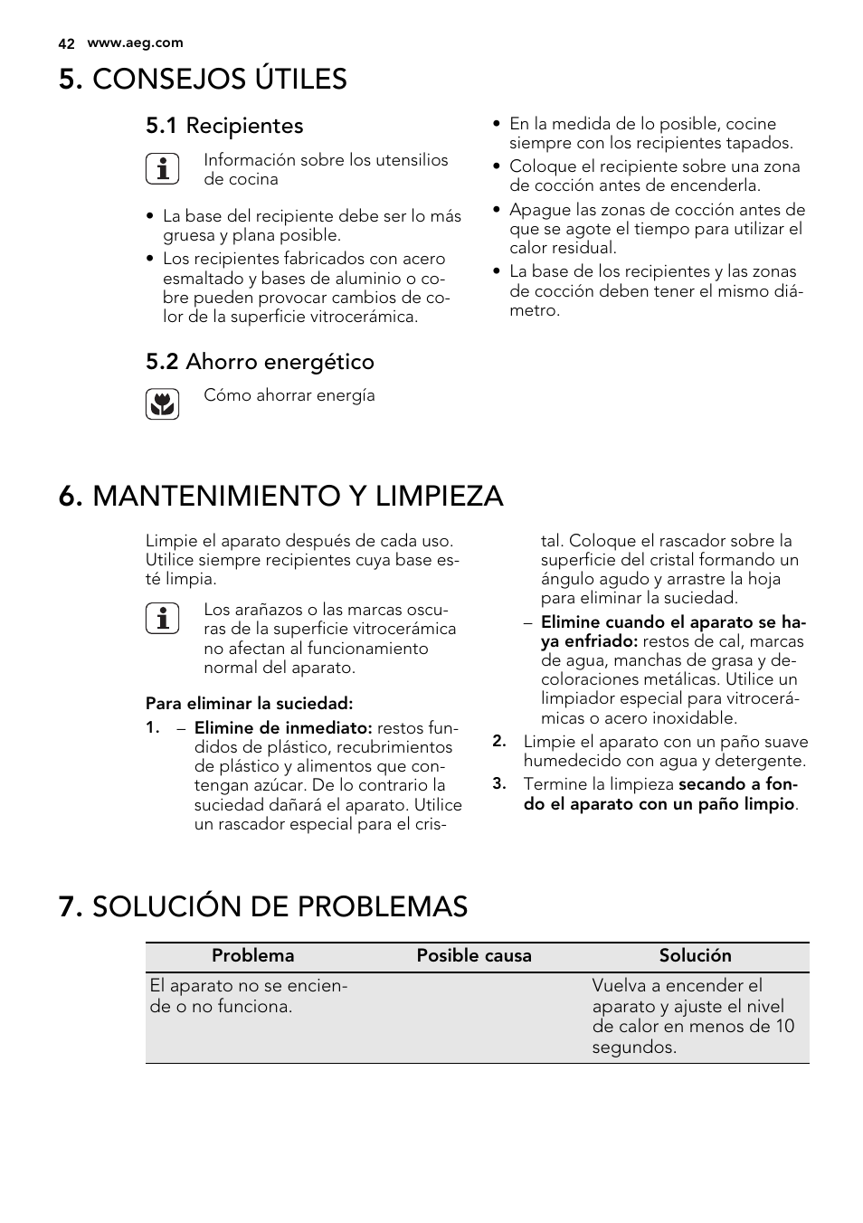 Consejos útiles, Mantenimiento y limpieza, Solución de problemas | 1 recipientes, 2 ahorro energético | AEG HE604060XB User Manual | Page 42 / 48