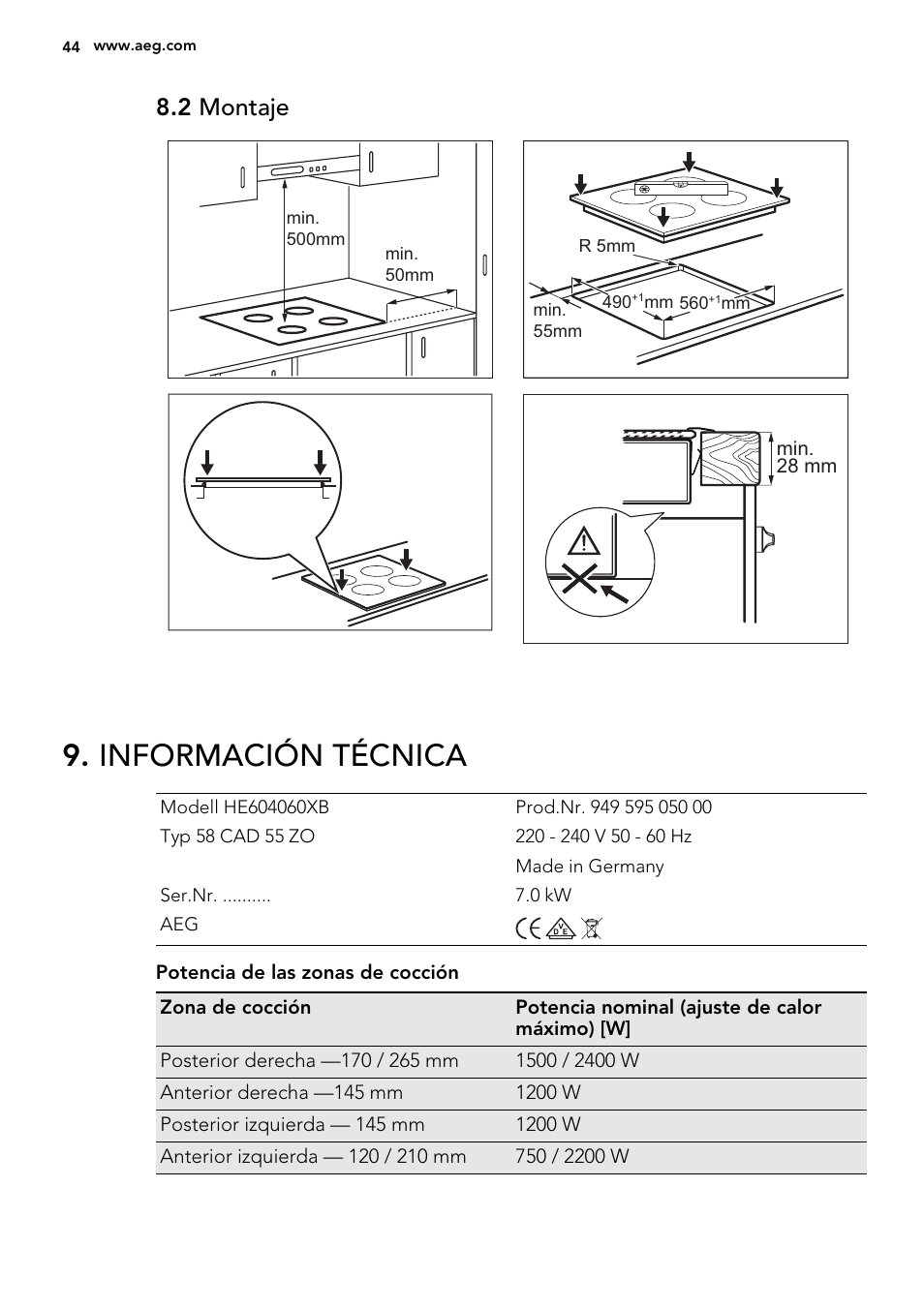 Información técnica, 2 montaje | AEG HE604060XB User Manual | Page 44 / 48
