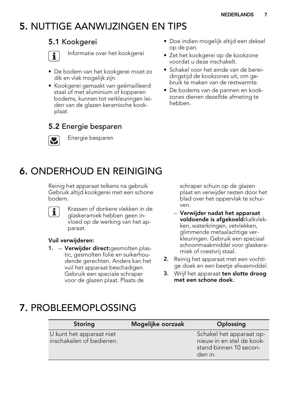 Nuttige aanwijzingen en tips, Onderhoud en reiniging, Probleemoplossing | 1 kookgerei, 2 energie besparen | AEG HE604060XB User Manual | Page 7 / 48