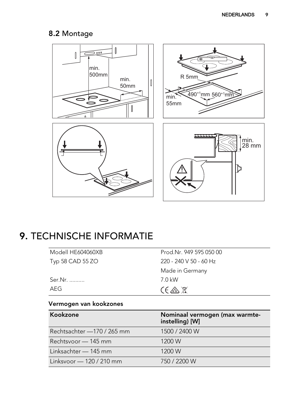 Technische informatie, 2 montage | AEG HE604060XB User Manual | Page 9 / 48
