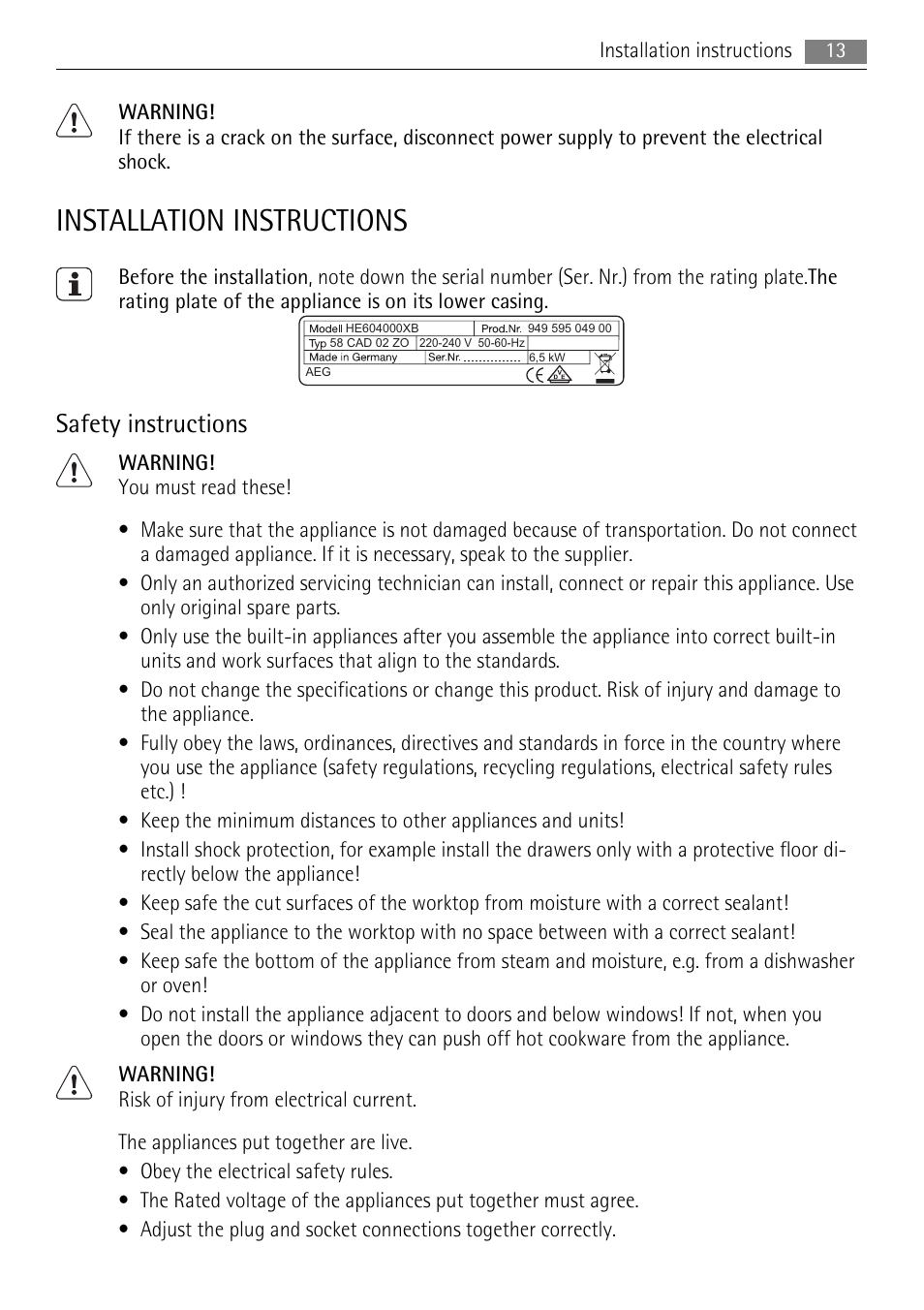 Installation instructions, Safety instructions | AEG HE604000XB User Manual | Page 13 / 44