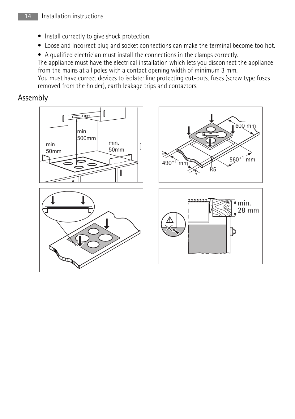 Assembly, Min. 28 mm | AEG HE604000XB User Manual | Page 14 / 44