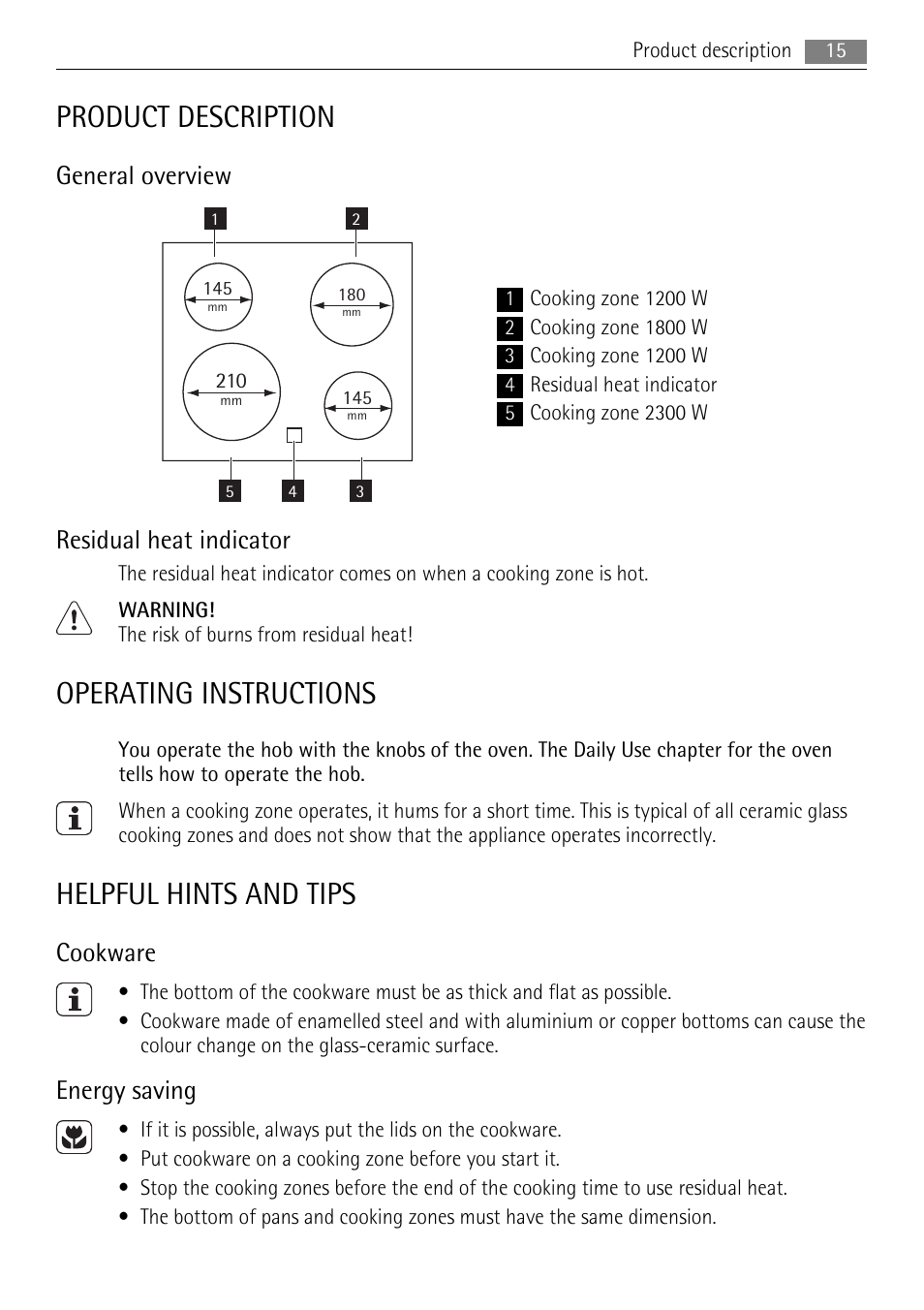 Product description, Operating instructions, Helpful hints and tips | General overview, Residual heat indicator, Cookware, Energy saving | AEG HE604000XB User Manual | Page 15 / 44