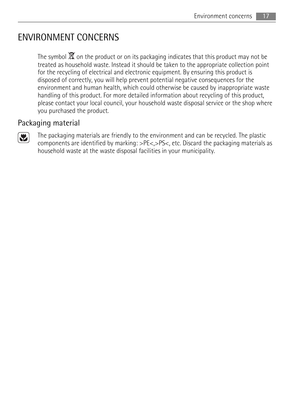 Environment concerns, Packaging material | AEG HE604000XB User Manual | Page 17 / 44