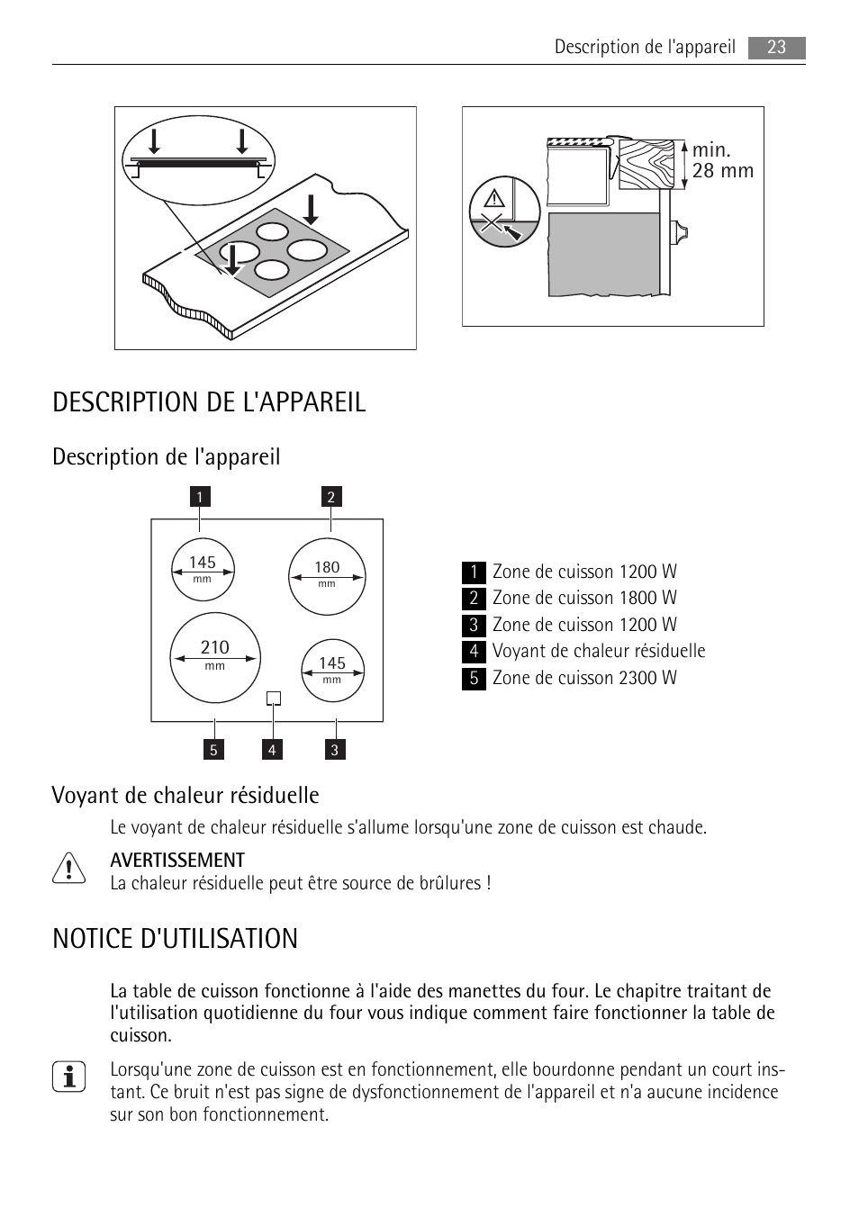 Description de l'appareil, Notice d'utilisation, Voyant de chaleur résiduelle | AEG HE604000XB User Manual | Page 23 / 44