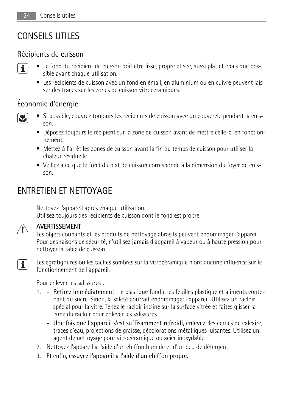 Conseils utiles, Entretien et nettoyage, Récipients de cuisson | Économie d'énergie | AEG HE604000XB User Manual | Page 24 / 44