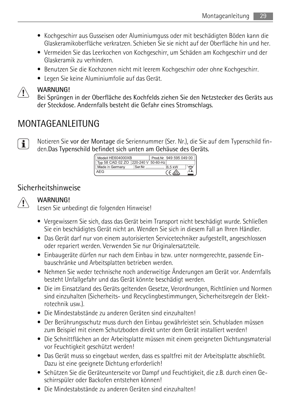 Montageanleitung, Sicherheitshinweise | AEG HE604000XB User Manual | Page 29 / 44