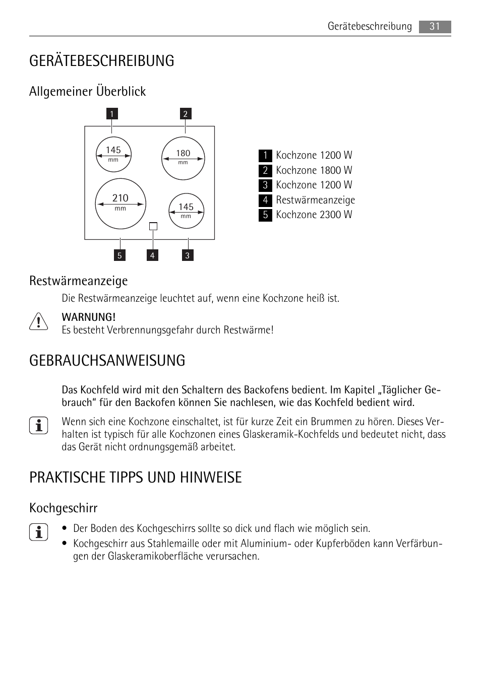 Gerätebeschreibung, Gebrauchsanweisung, Praktische tipps und hinweise | Allgemeiner überblick, Restwärmeanzeige, Kochgeschirr | AEG HE604000XB User Manual | Page 31 / 44