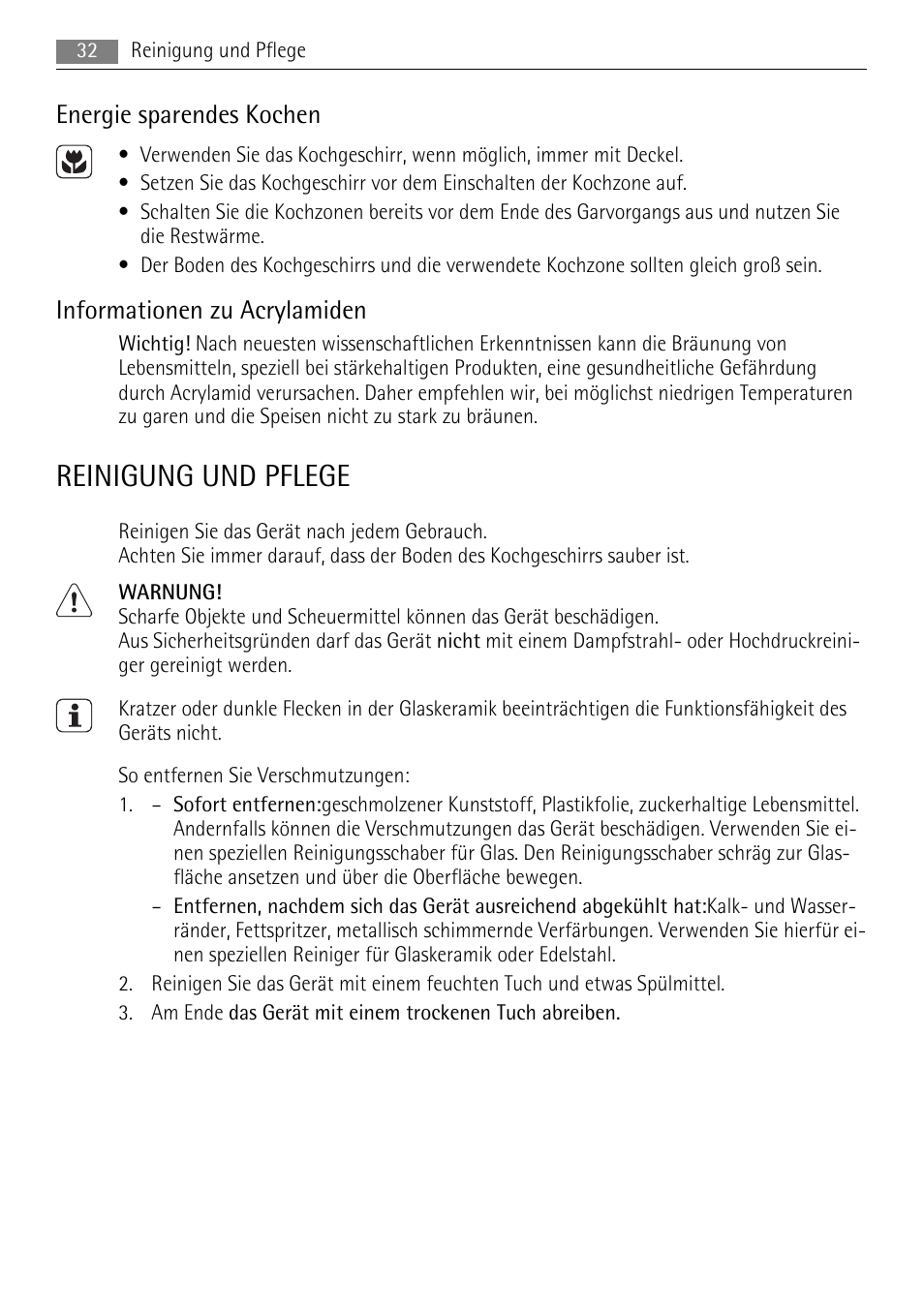 Reinigung und pflege, Energie sparendes kochen, Informationen zu acrylamiden | AEG HE604000XB User Manual | Page 32 / 44