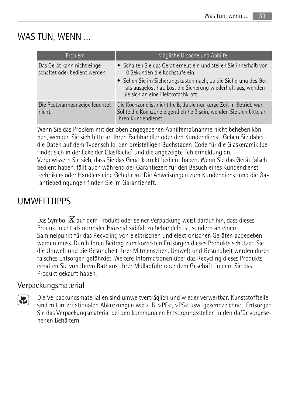 Was tun, wenn, Umwelttipps, Verpackungsmaterial | AEG HE604000XB User Manual | Page 33 / 44