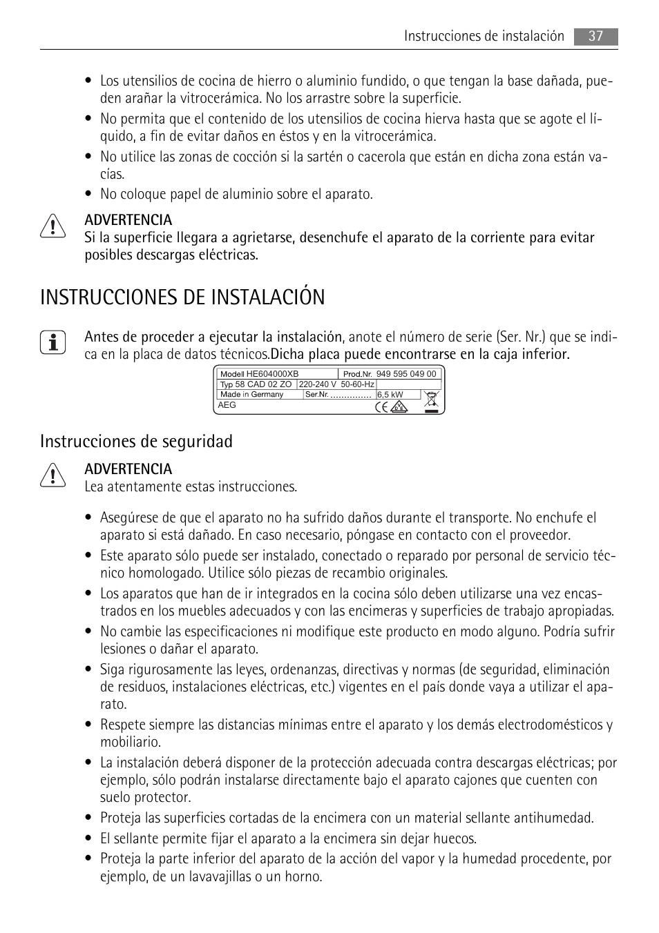 Instrucciones de instalación, Instrucciones de seguridad | AEG HE604000XB User Manual | Page 37 / 44