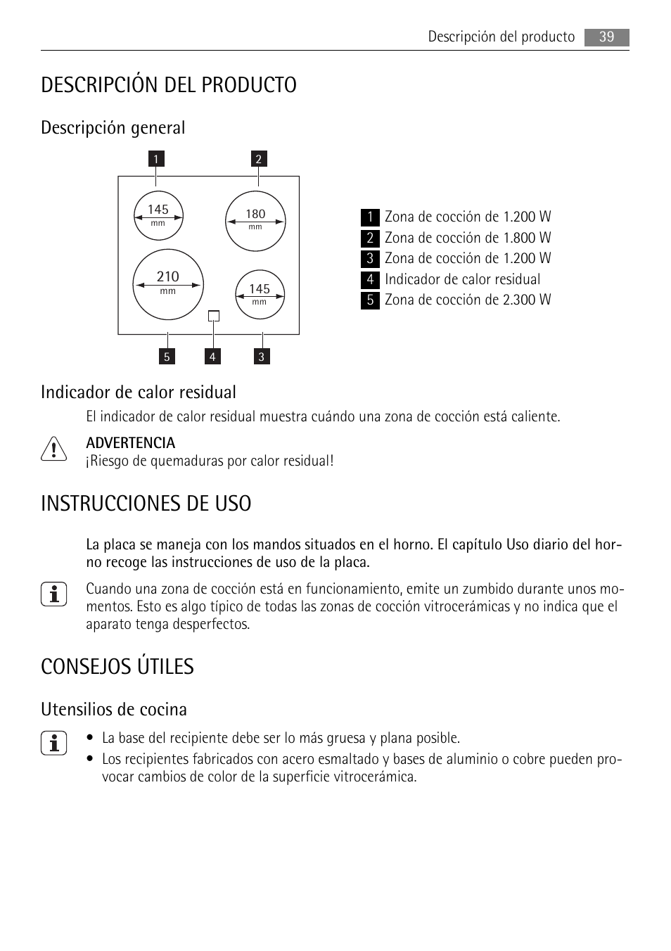 Descripción del producto, Instrucciones de uso, Consejos útiles | Descripción general, Indicador de calor residual, Utensilios de cocina | AEG HE604000XB User Manual | Page 39 / 44