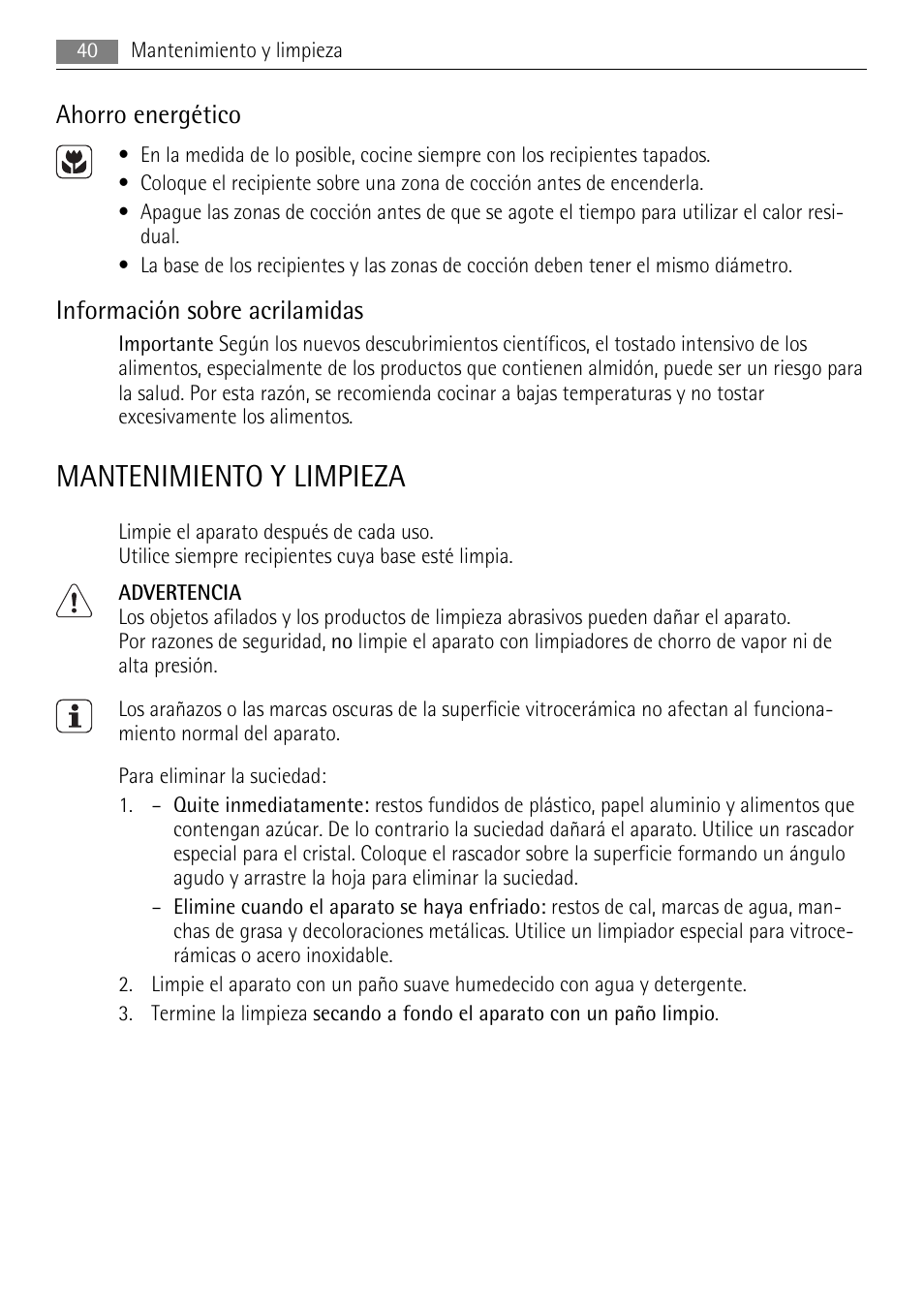 Mantenimiento y limpieza, Ahorro energético, Información sobre acrilamidas | AEG HE604000XB User Manual | Page 40 / 44