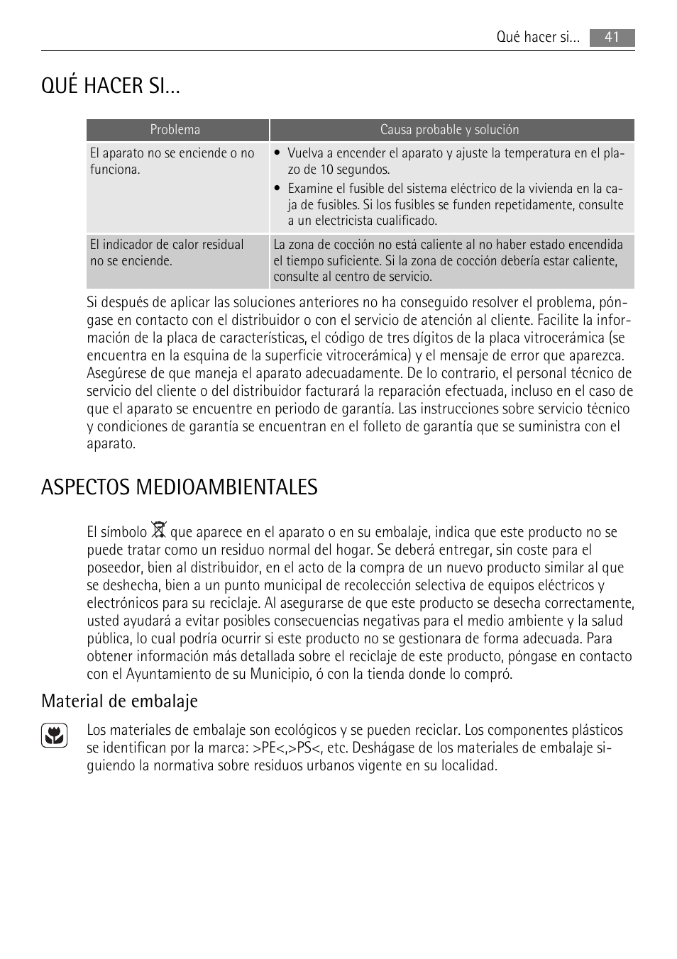 Qué hacer si, Aspectos medioambientales, Material de embalaje | AEG HE604000XB User Manual | Page 41 / 44