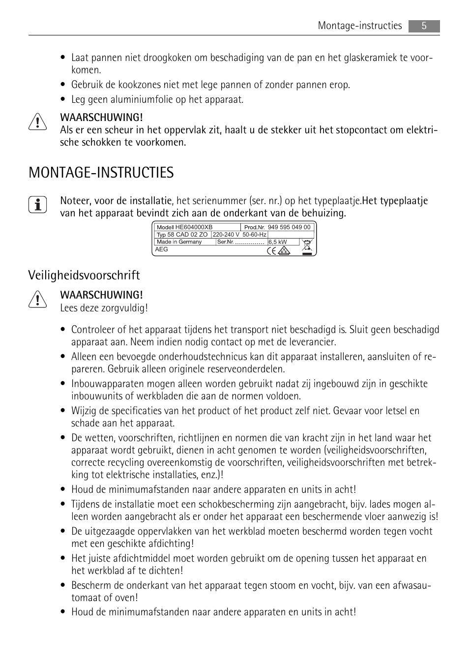 Montage-instructies, Veiligheidsvoorschrift | AEG HE604000XB User Manual | Page 5 / 44