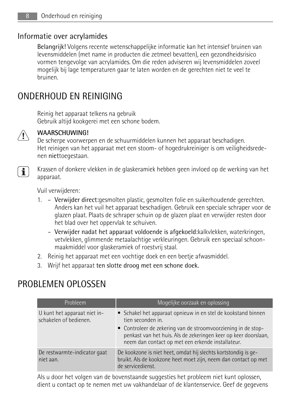 Onderhoud en reiniging, Problemen oplossen, Informatie over acrylamides | AEG HE604000XB User Manual | Page 8 / 44