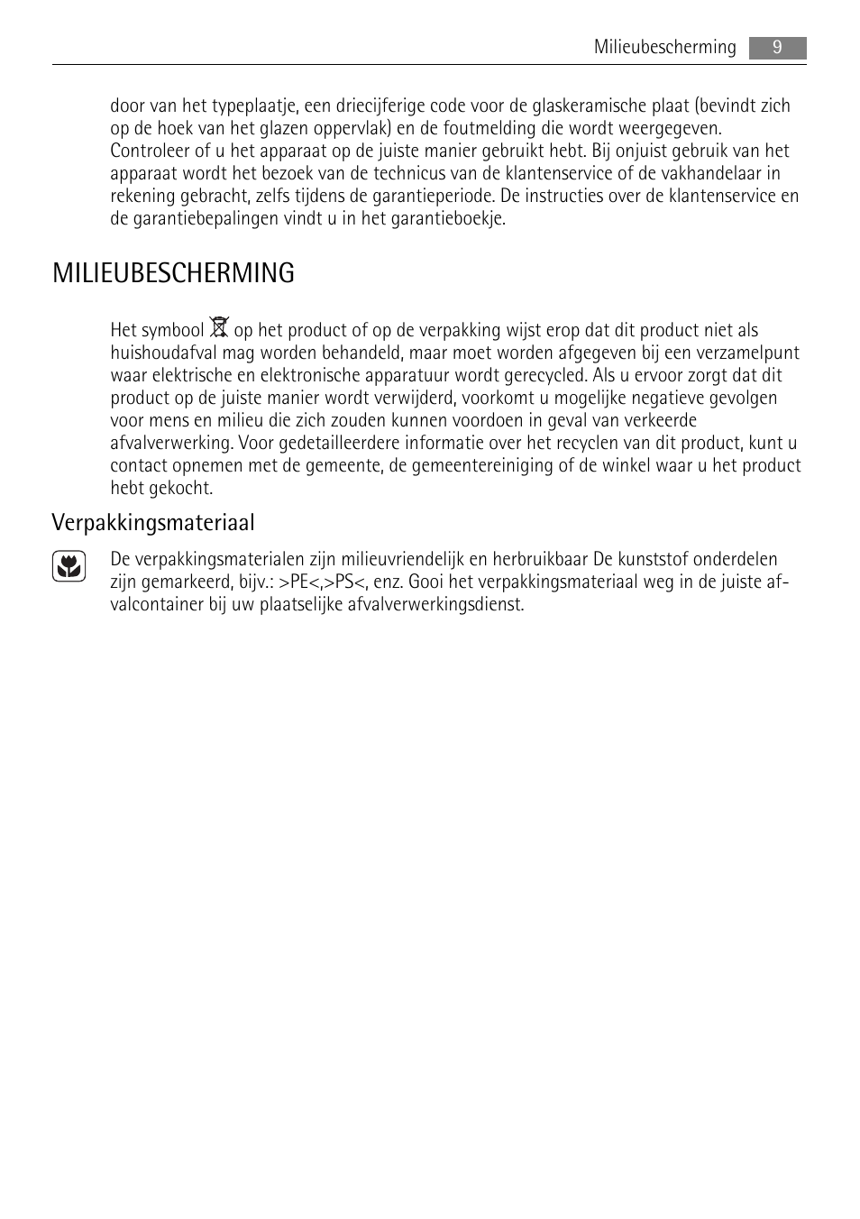 Milieubescherming, Verpakkingsmateriaal | AEG HE604000XB User Manual | Page 9 / 44