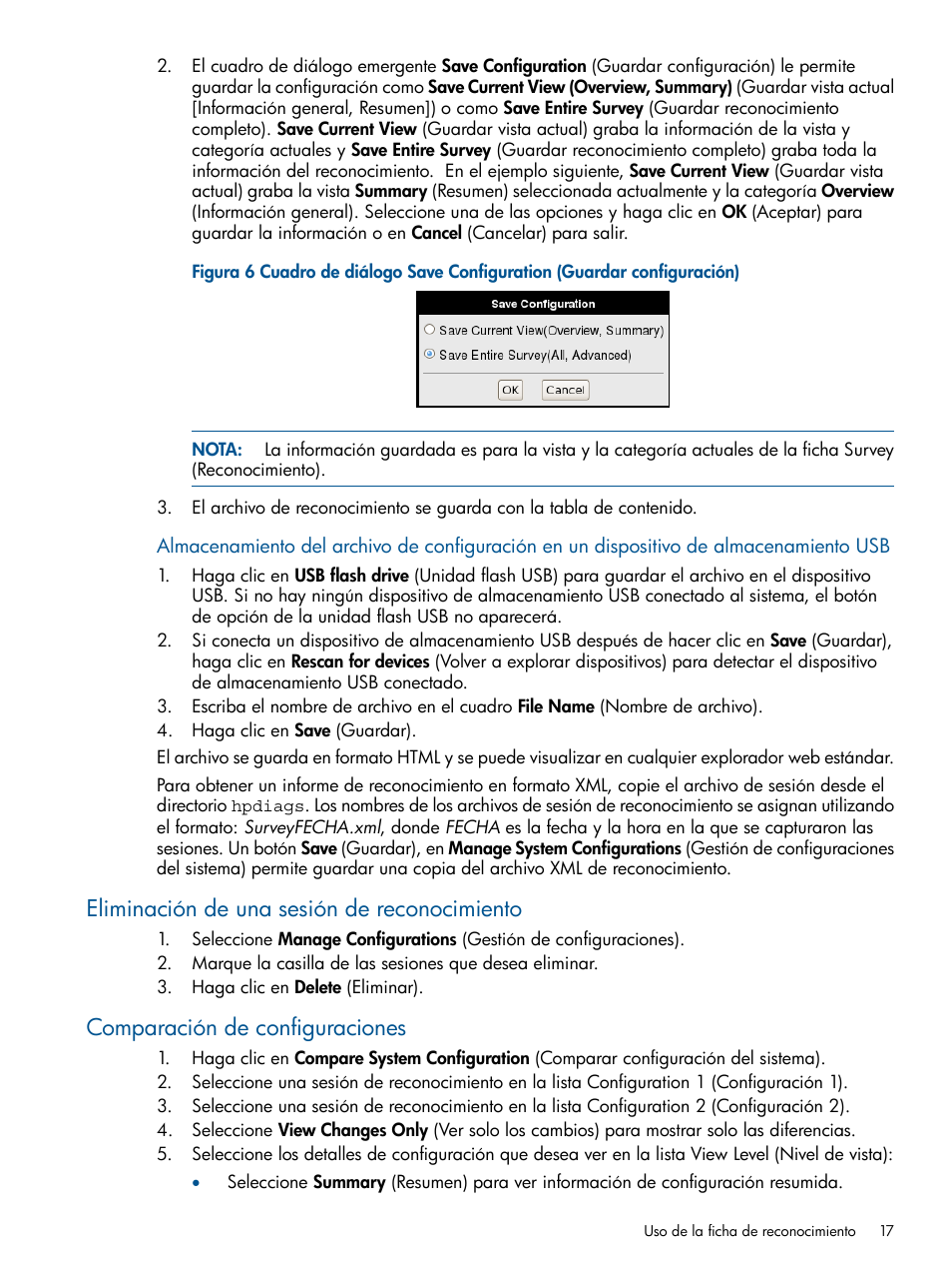 Eliminación de una sesión de reconocimiento, Comparación de configuraciones | HP Software HP Insight Diagnostics User Manual | Page 17 / 43