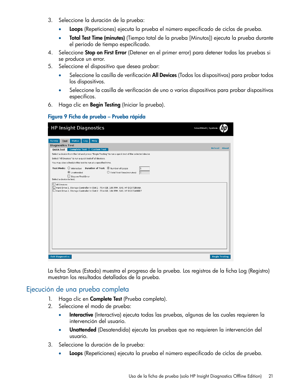 Ejecución de una prueba completa | HP Software HP Insight Diagnostics User Manual | Page 21 / 43