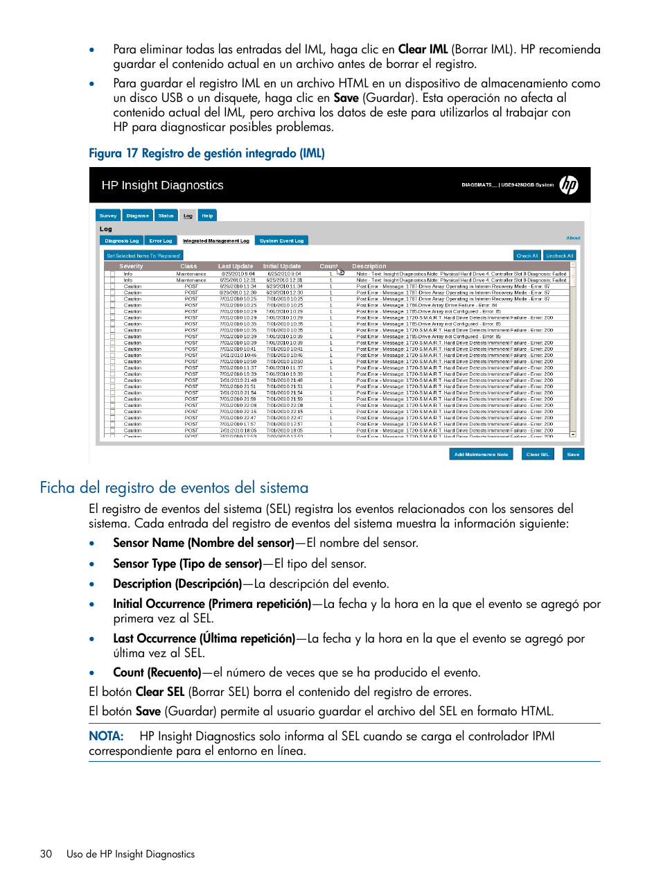 Ficha del registro de eventos del sistema | HP Software HP Insight Diagnostics User Manual | Page 30 / 43
