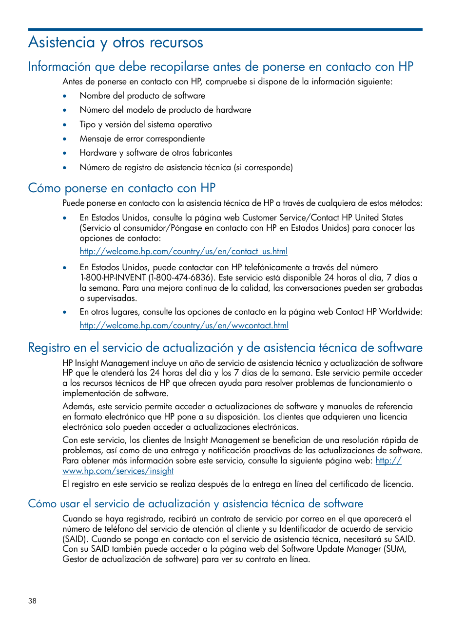 Asistencia y otros recursos, Cómo ponerse en contacto con hp | HP Software HP Insight Diagnostics User Manual | Page 38 / 43