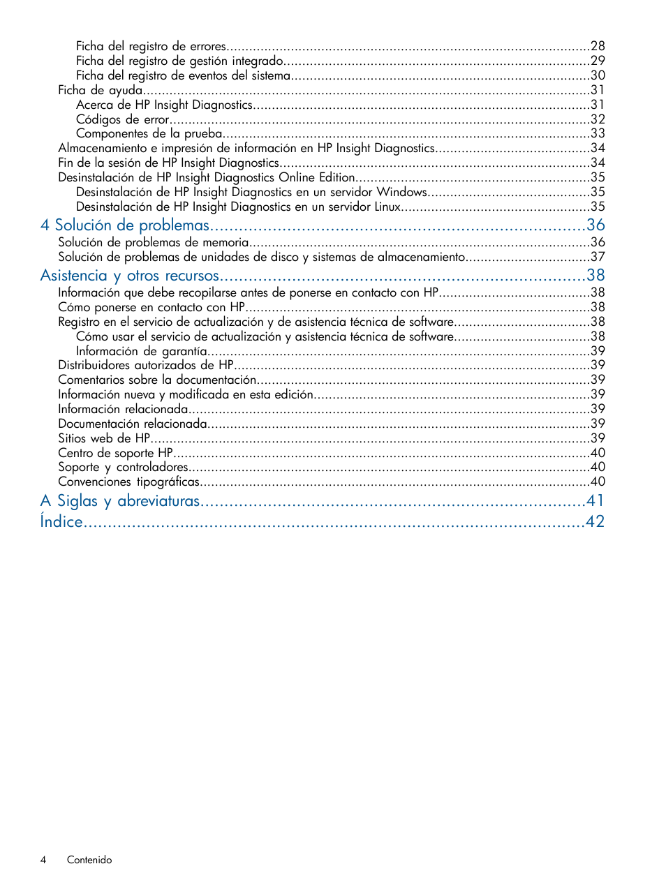 4 solución de problemas, Asistencia y otros recursos, A siglas y abreviaturas índice | HP Software HP Insight Diagnostics User Manual | Page 4 / 43