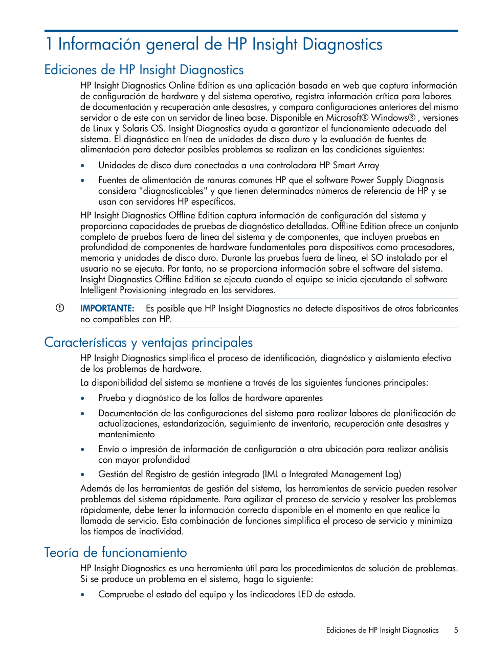 1 información general de hp insight diagnostics, Ediciones de hp insight diagnostics, Características y ventajas principales | Teoría de funcionamiento | HP Software HP Insight Diagnostics User Manual | Page 5 / 43