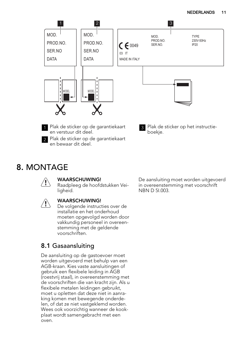 Montage, 1 gasaansluiting | AEG HG654440SM User Manual | Page 11 / 64