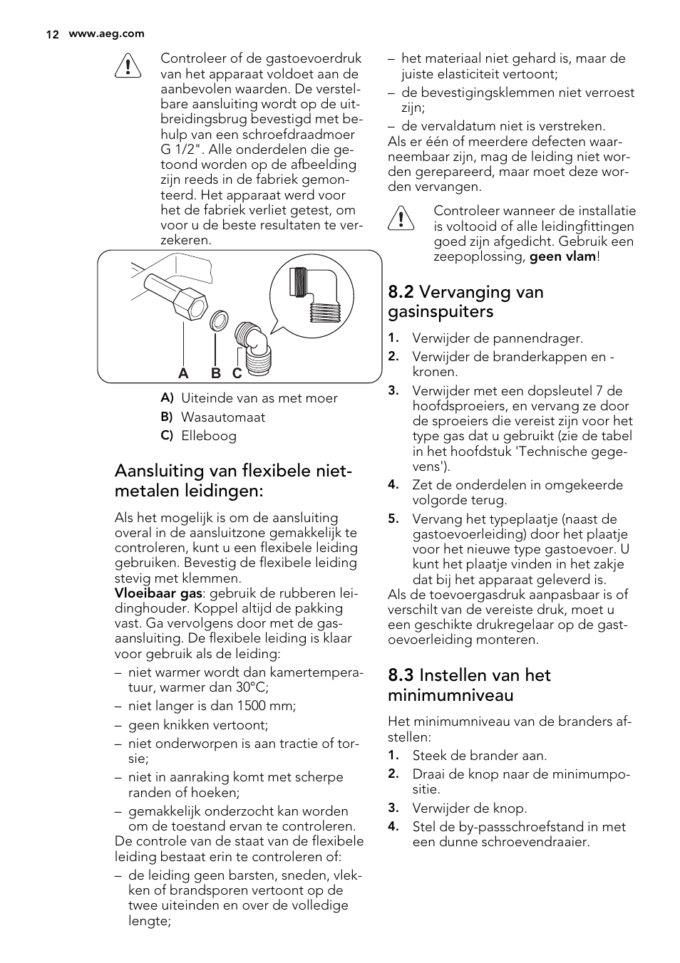 Aansluiting van flexibele niet- metalen leidingen, 2 vervanging van gasinspuiters, 3 instellen van het minimumniveau | AEG HG654440SM User Manual | Page 12 / 64