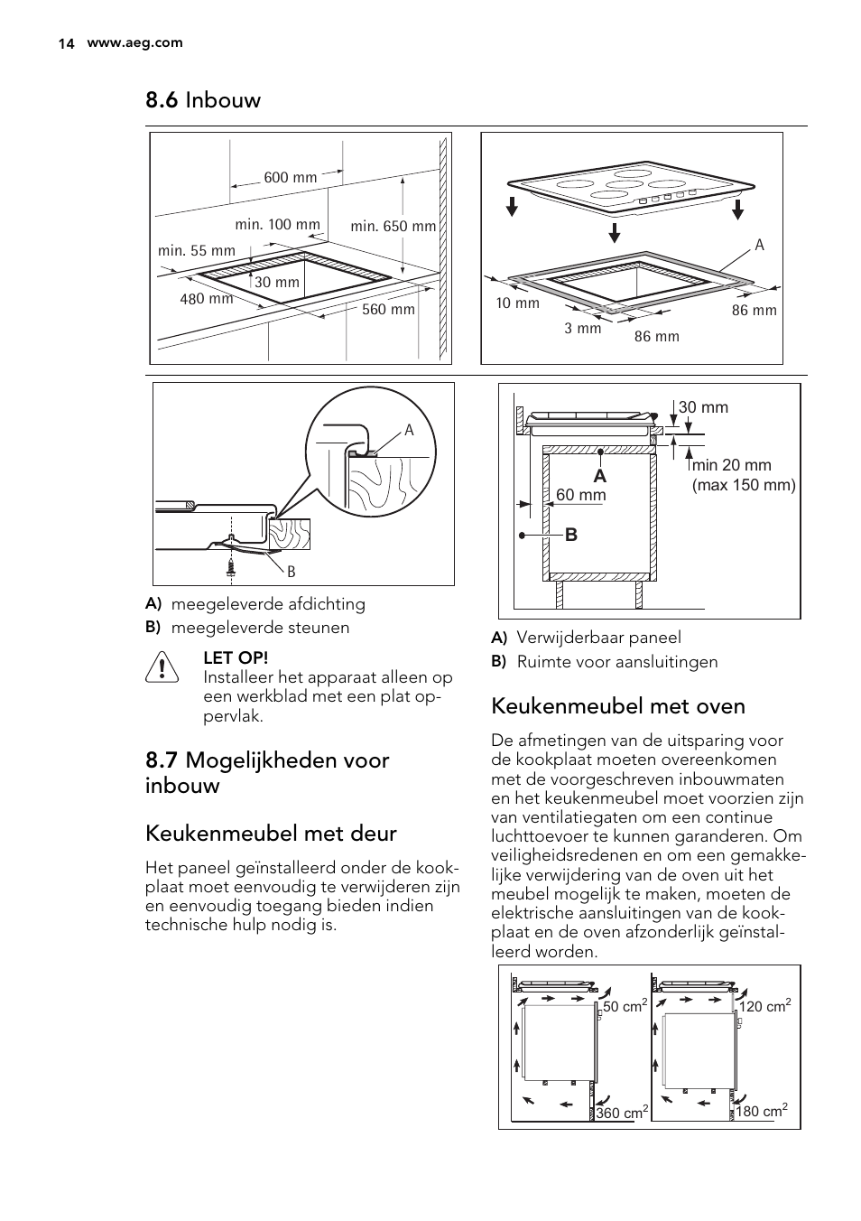 6 inbouw, 7 mogelijkheden voor inbouw keukenmeubel met deur, Keukenmeubel met oven | AEG HG654440SM User Manual | Page 14 / 64