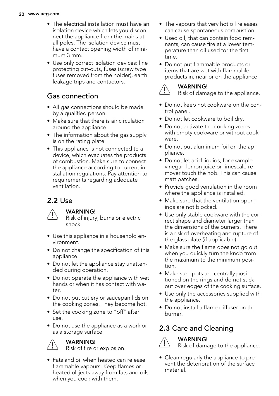 Gas connection, 2 use, 3 care and cleaning | AEG HG654440SM User Manual | Page 20 / 64