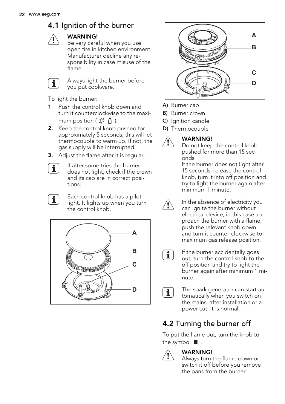 1 ignition of the burner, 2 turning the burner off | AEG HG654440SM User Manual | Page 22 / 64