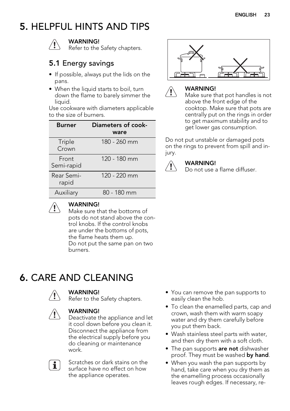 Helpful hints and tips, Care and cleaning, 1 energy savings | AEG HG654440SM User Manual | Page 23 / 64
