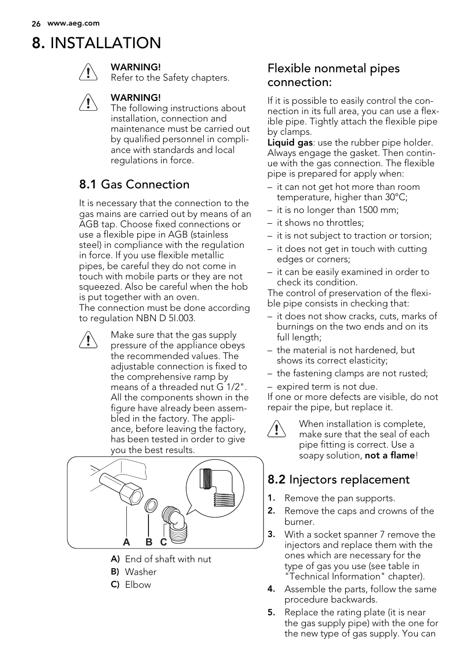 Installation, 1 gas connection, Flexible nonmetal pipes connection | 2 injectors replacement | AEG HG654440SM User Manual | Page 26 / 64