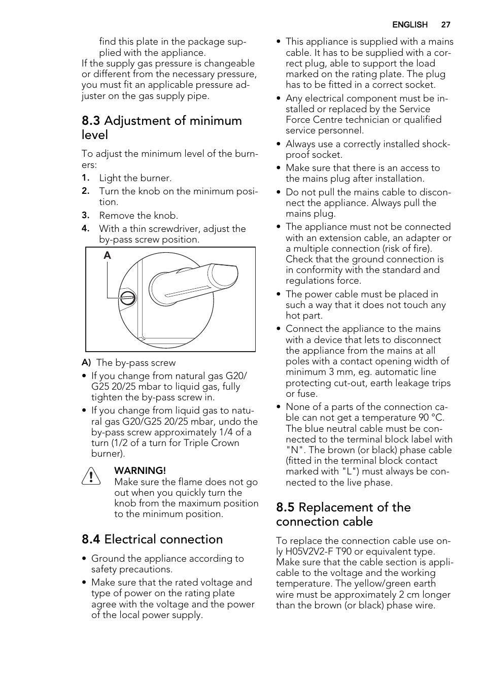 3 adjustment of minimum level, 4 electrical connection, 5 replacement of the connection cable | AEG HG654440SM User Manual | Page 27 / 64