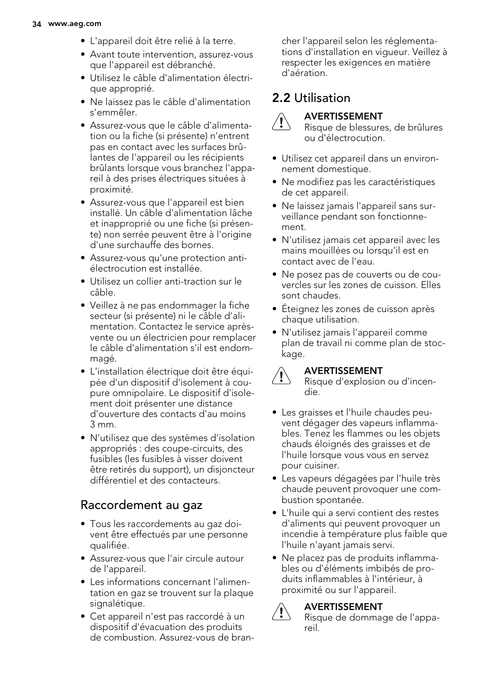 Raccordement au gaz, 2 utilisation | AEG HG654440SM User Manual | Page 34 / 64