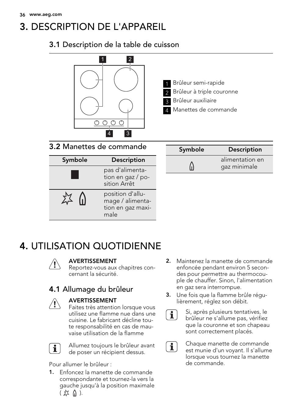 Description de l'appareil, Utilisation quotidienne, 1 description de la table de cuisson | 2 manettes de commande, 1 allumage du brûleur | AEG HG654440SM User Manual | Page 36 / 64