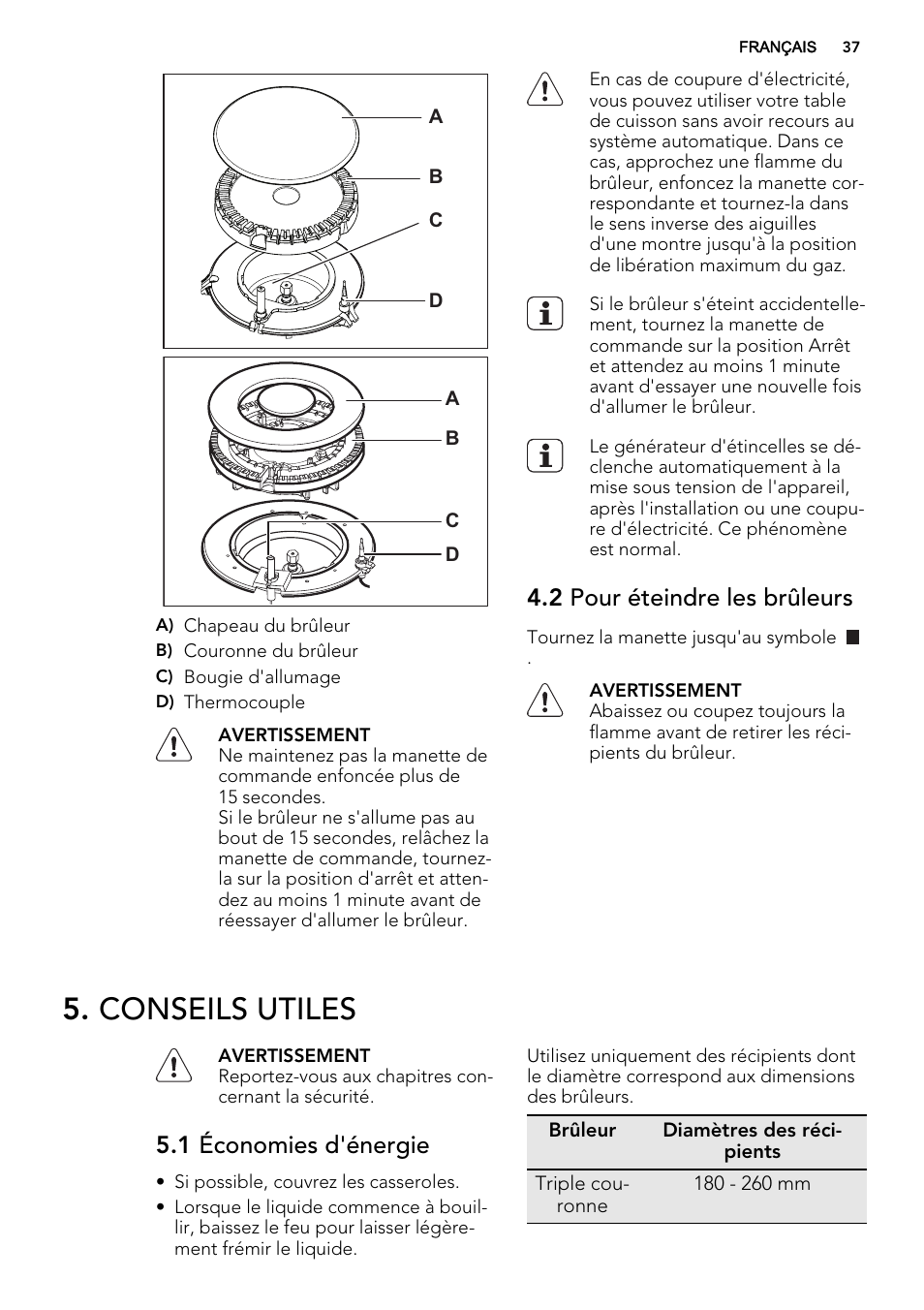 Conseils utiles, 2 pour éteindre les brûleurs, 1 économies d'énergie | AEG HG654440SM User Manual | Page 37 / 64