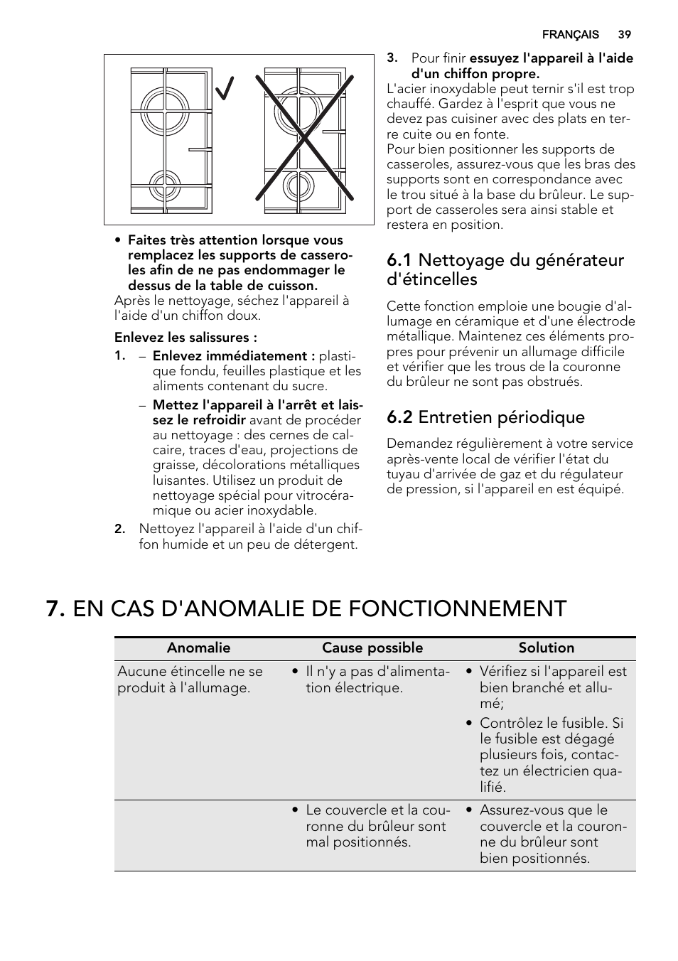 En cas d'anomalie de fonctionnement, 1 nettoyage du générateur d'étincelles, 2 entretien périodique | AEG HG654440SM User Manual | Page 39 / 64