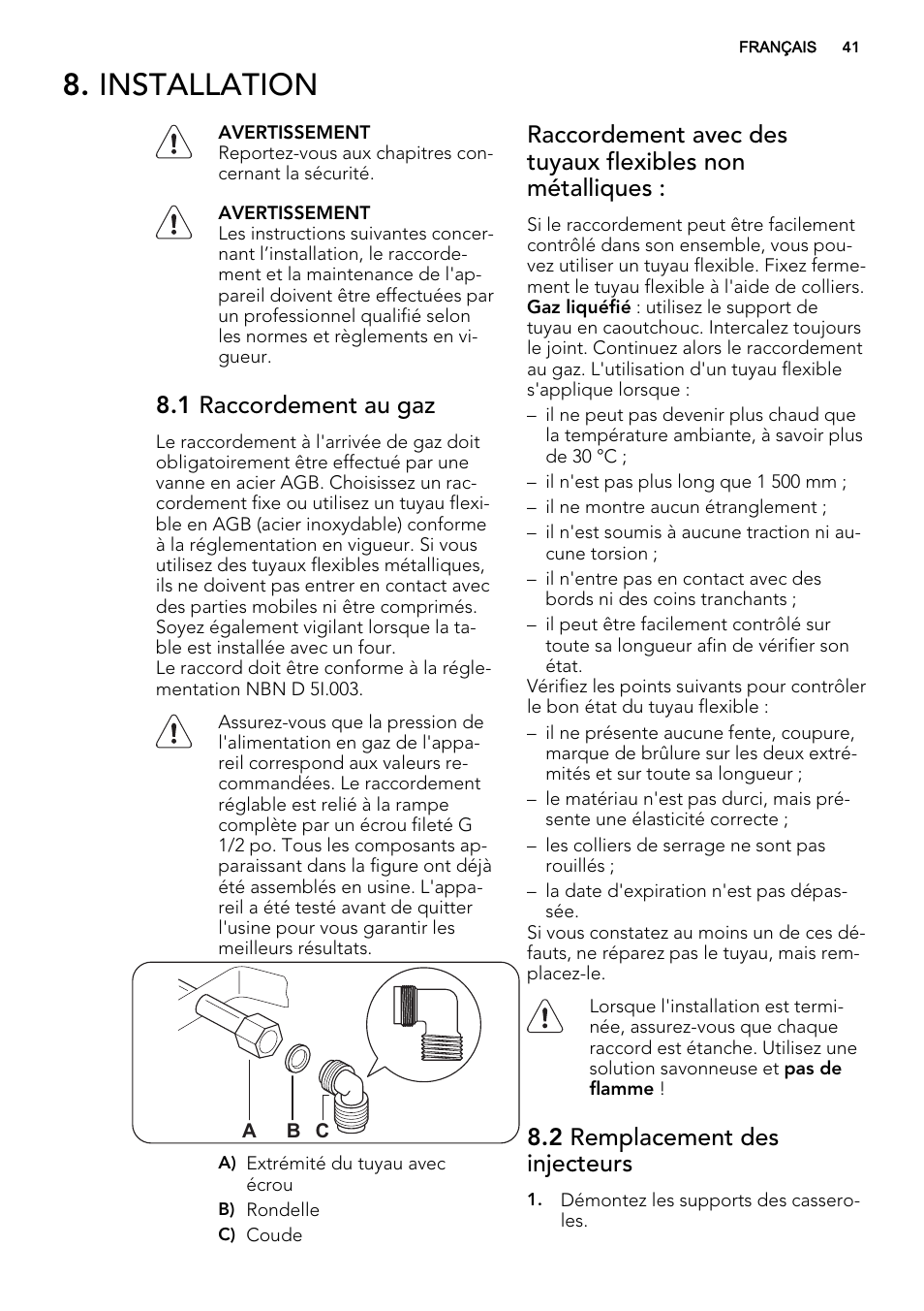 Installation, 1 raccordement au gaz, 2 remplacement des injecteurs | AEG HG654440SM User Manual | Page 41 / 64